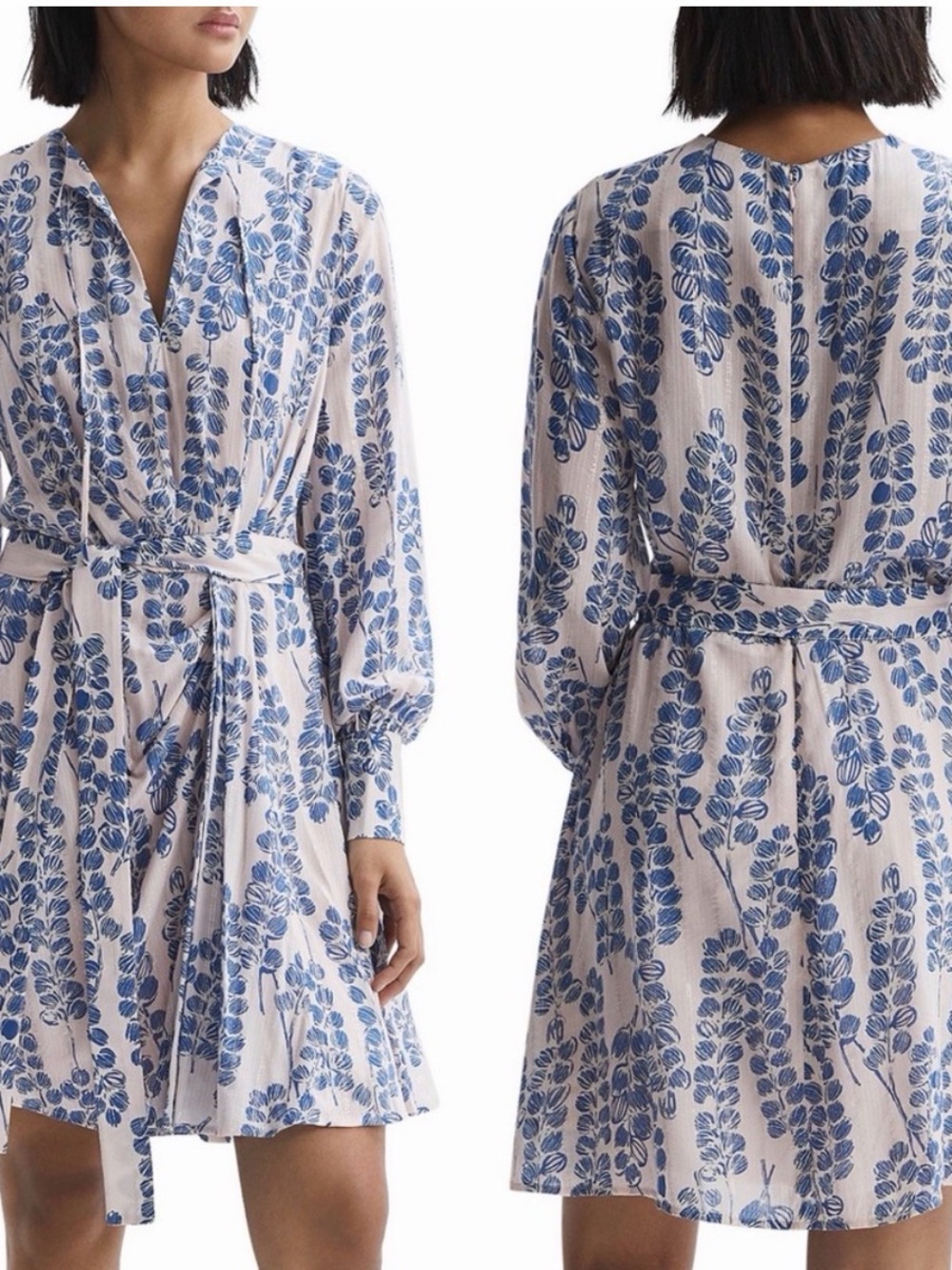 Reiss Blue and White Long Sleeve Dress